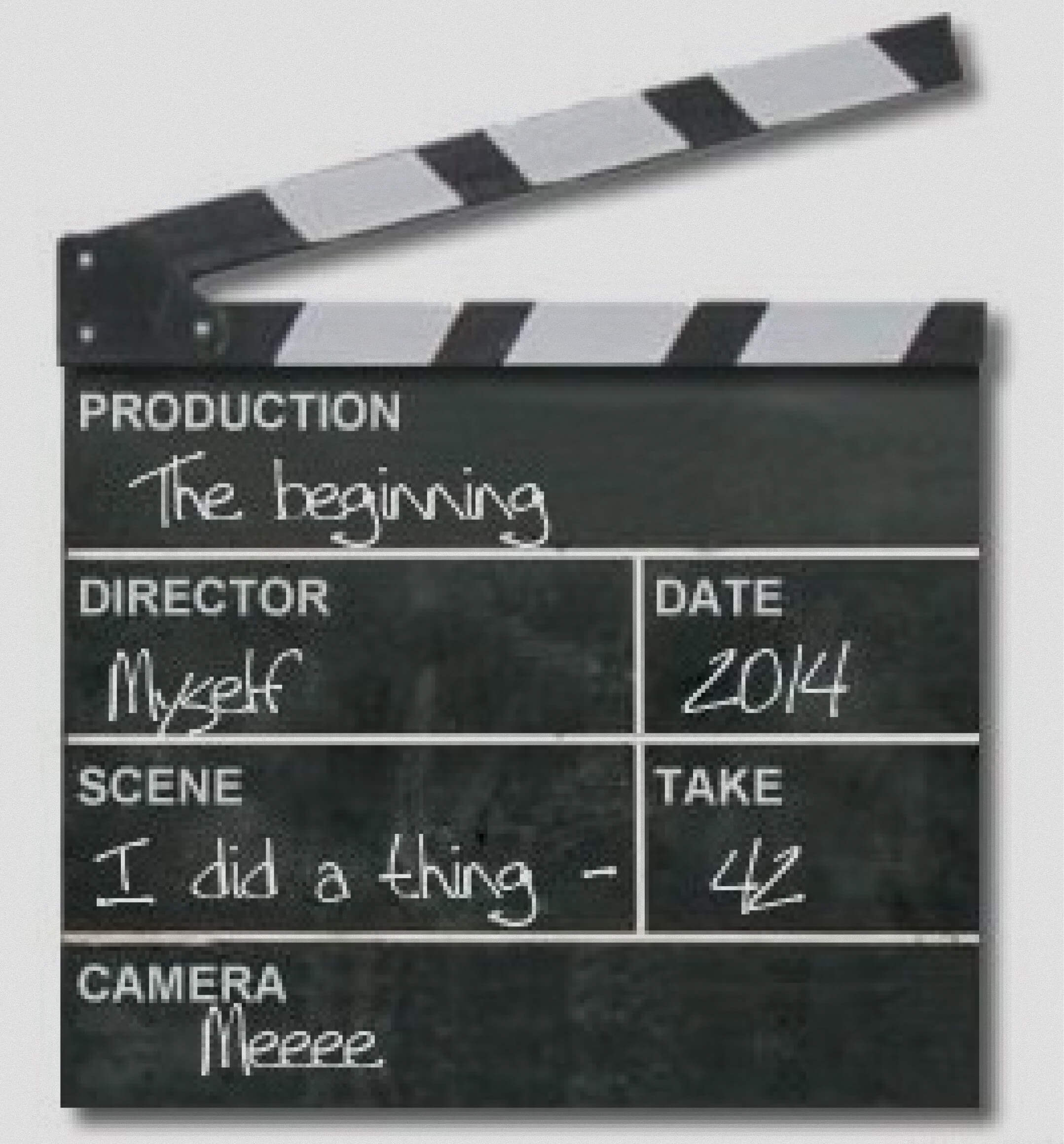 A clapperboard for a movie titled 'The Beginning', signifying an origin story.